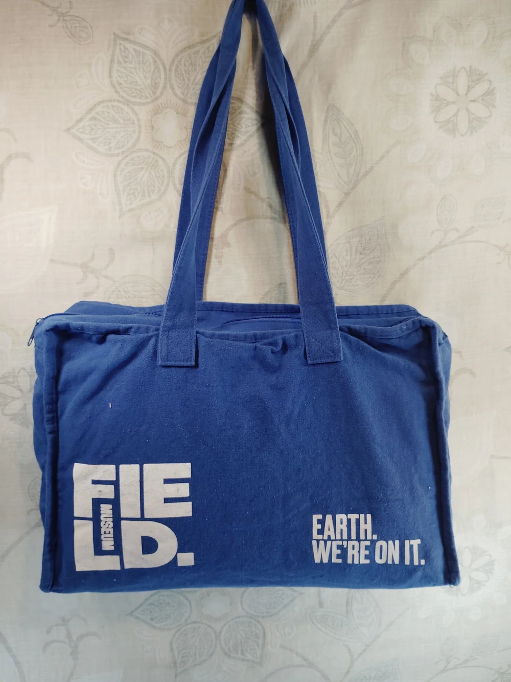 Field Museum Blue Canvas Member Shoulder Tote Bag with White Print